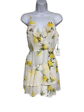 Japna White Lemon Print Ruffle Mini Dress Womens Size S